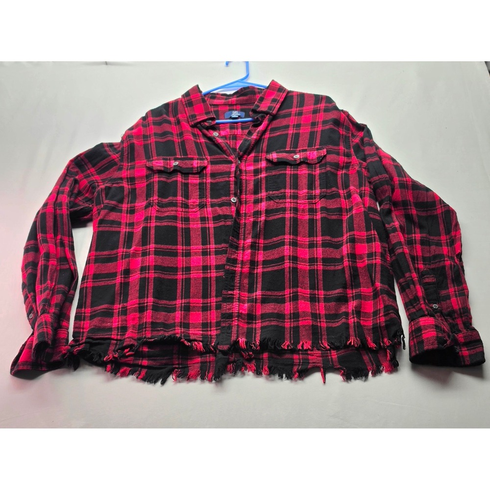George Mens XL Red Black Buffalo Plaid Flannel Shirt Raw Hem Distressed Grunge